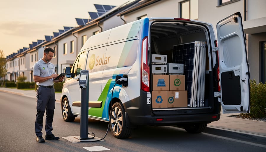 Electric delivery truck transporting solar panels in urban environment