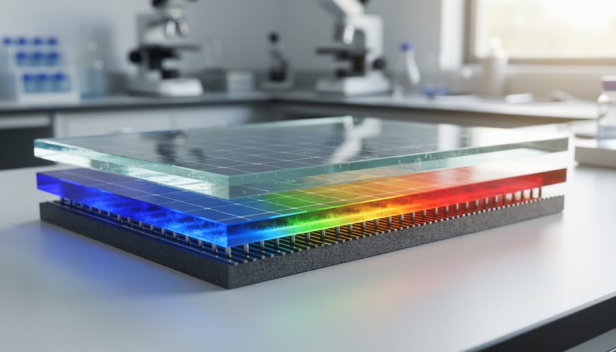 Researcher holding multi-layer tandem solar cell sample in laboratory environment