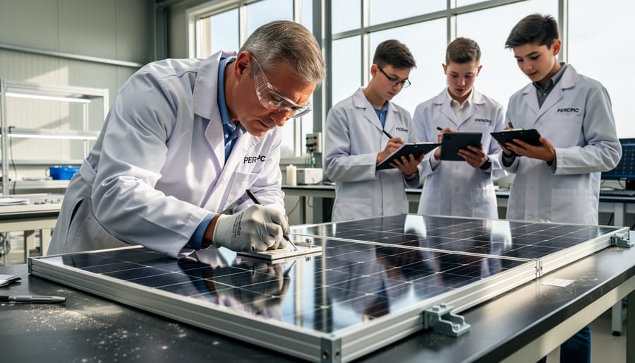 Experienced solar installer's hands holding PERC solar cell module in workshop setting