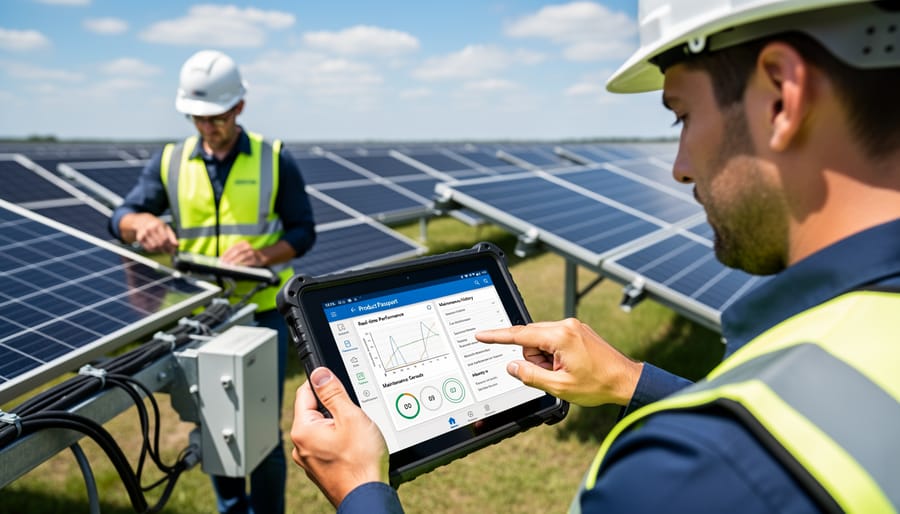 Technician accessing digital data on tablet at solar panel installation site