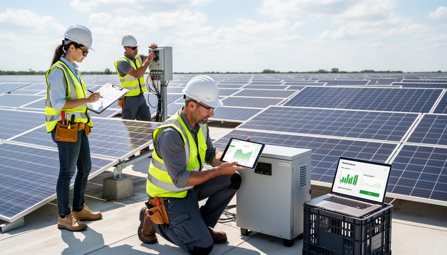 Solar technician reviewing monitoring platform data on tablet at commercial solar installation
