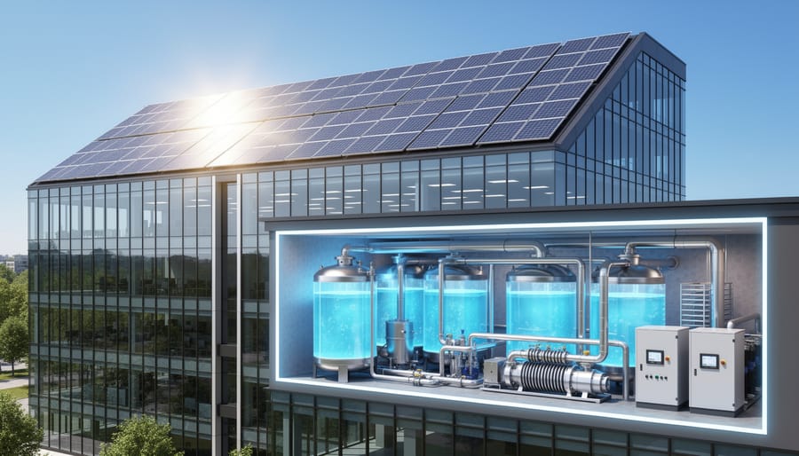 Industrial thermal energy storage tank with technician in commercial building mechanical room