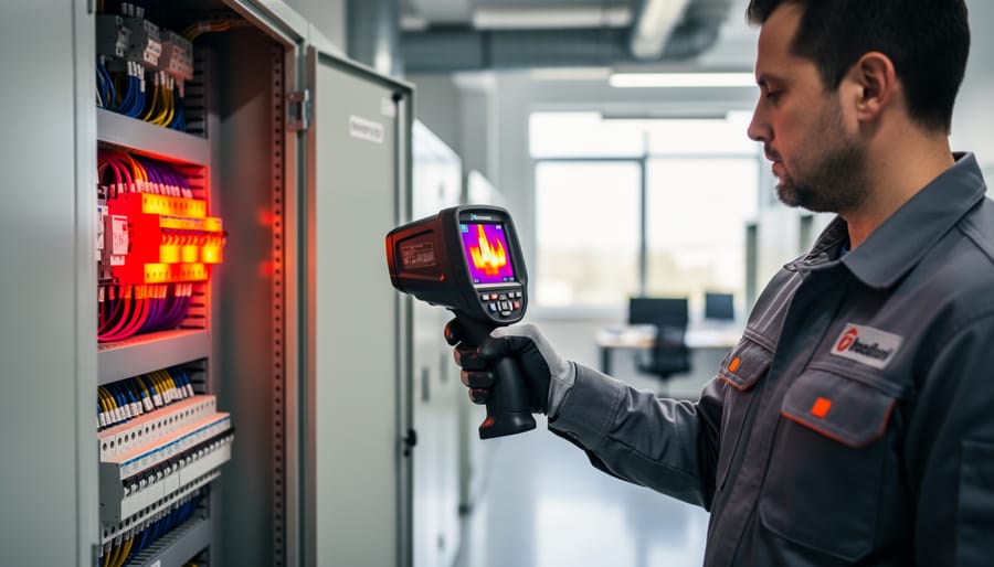 Solar technician performing thermal imaging inspection on rooftop solar installation