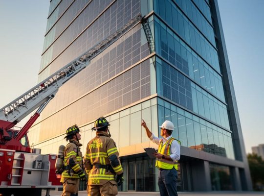 Firefighters and a building inspector evaluate a modern mid-rise with solar-integrated photovoltaic glass facade beside an extended ladder truck in warm late-afternoon light, with a soft urban skyline behind them.
