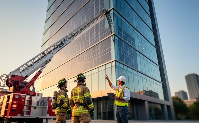 Firefighters and a building inspector evaluate a modern mid-rise with solar-integrated photovoltaic glass facade beside an extended ladder truck in warm late-afternoon light, with a soft urban skyline behind them.