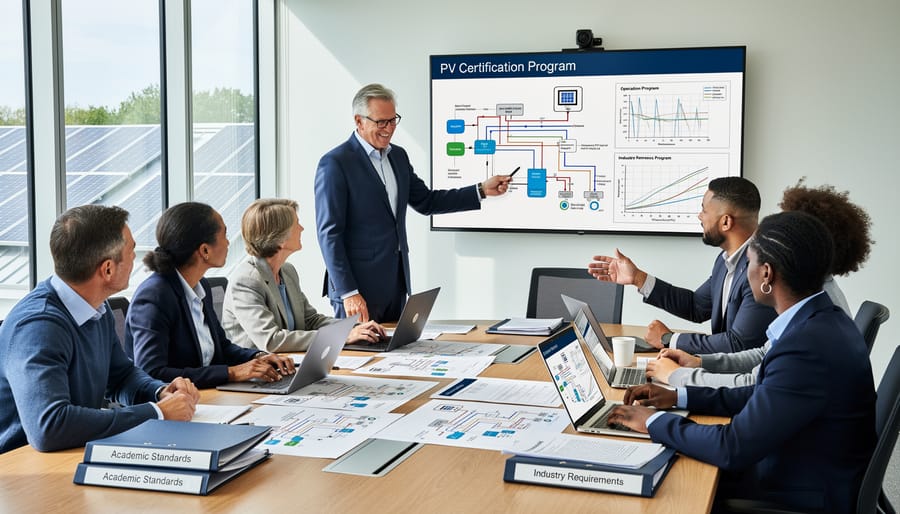 Modern university building with integrated solar panels and campus environment