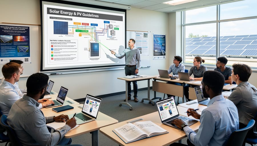 Engineering students learning about solar panel technology in university laboratory setting