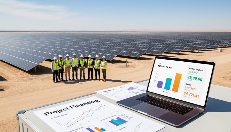 Expansive utility-scale solar farm showing rows of photovoltaic panels extending to horizon