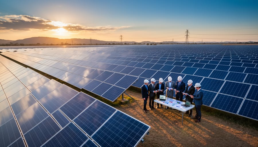 Expansive solar farm with rows of photovoltaic panels extending across landscape