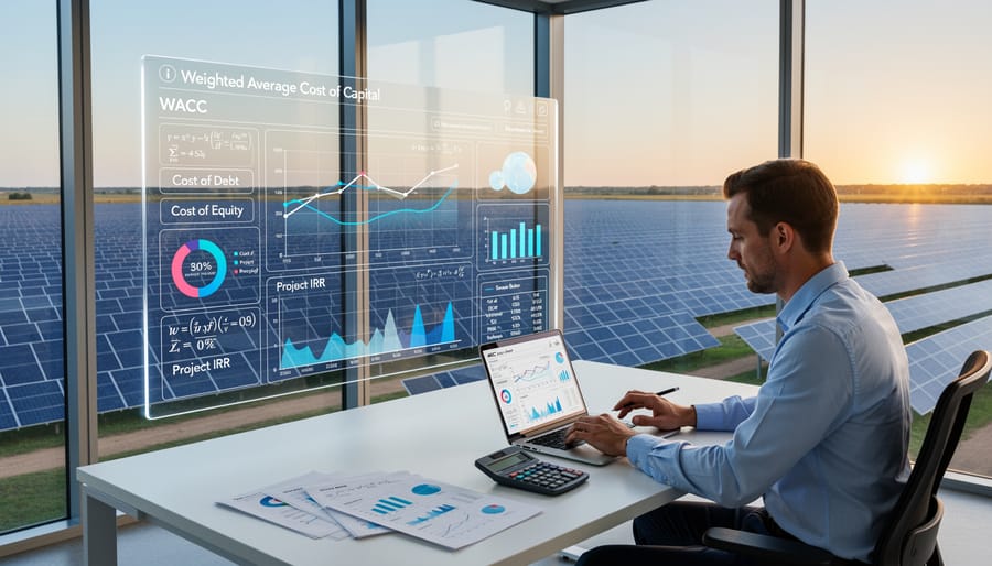 Business professional analyzing solar project financial calculations and documents