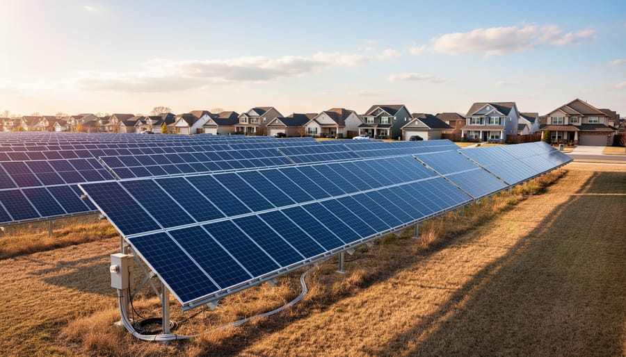 Aerial view of community solar farm with rows of photovoltaic panels near residential area