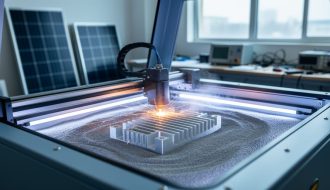 Powder bed fusion 3D printer forming a 6061 aluminum heat sink bracket with visible laser sparks, with stacks of solar panels blurred in the background of a clean industrial lab.