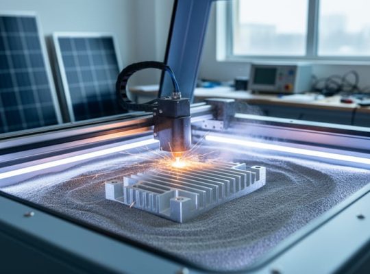 Powder bed fusion 3D printer forming a 6061 aluminum heat sink bracket with visible laser sparks, with stacks of solar panels blurred in the background of a clean industrial lab.