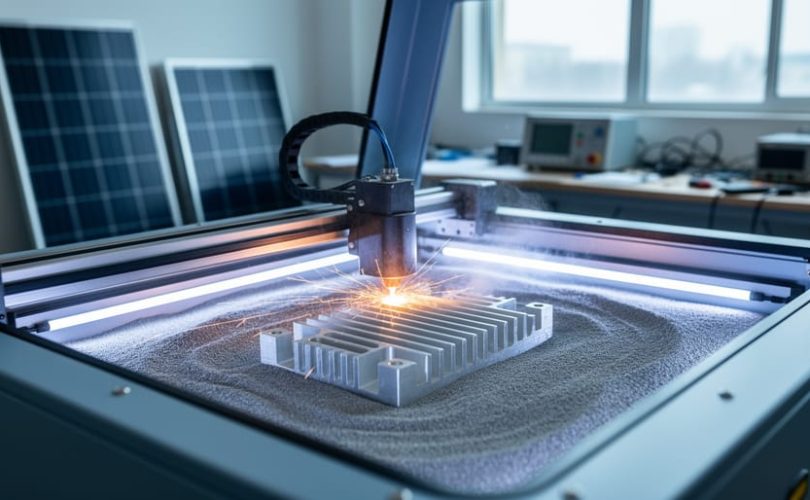 Powder bed fusion 3D printer forming a 6061 aluminum heat sink bracket with visible laser sparks, with stacks of solar panels blurred in the background of a clean industrial lab.