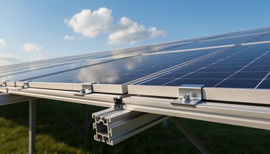 Close-up detail of 6061 aluminum solar panel frame corner joint