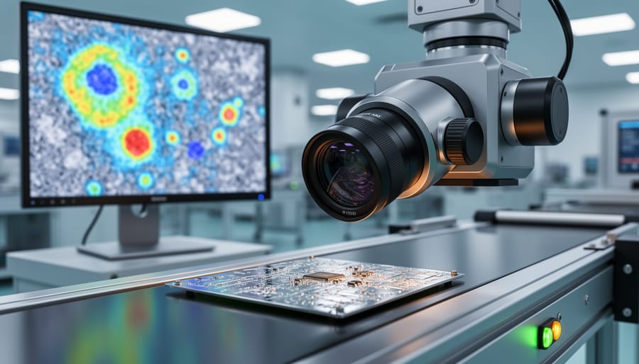 AI-powered camera inspection system examining solar panel for quality defects