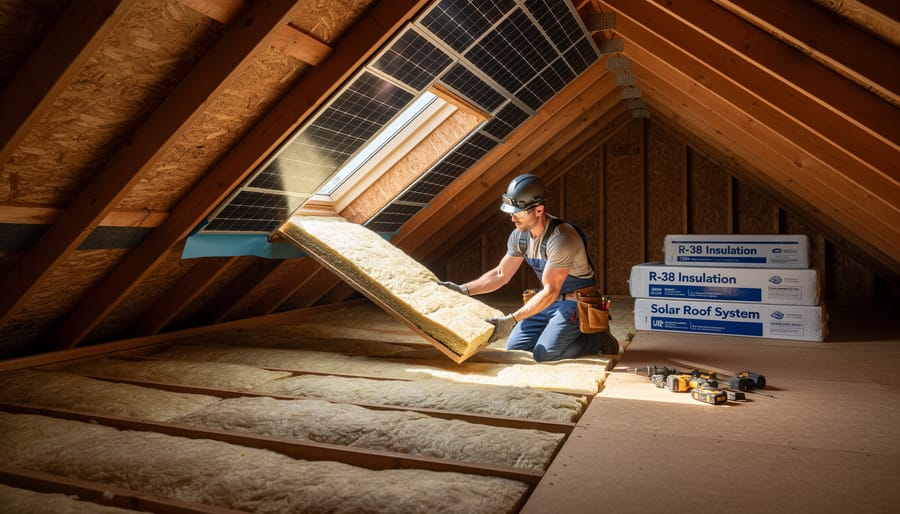 Interior view of residential attic showing fiberglass insulation installed between roof rafters