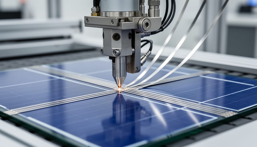 Close-up of automated soldering process connecting tabbing ribbons to solar cells