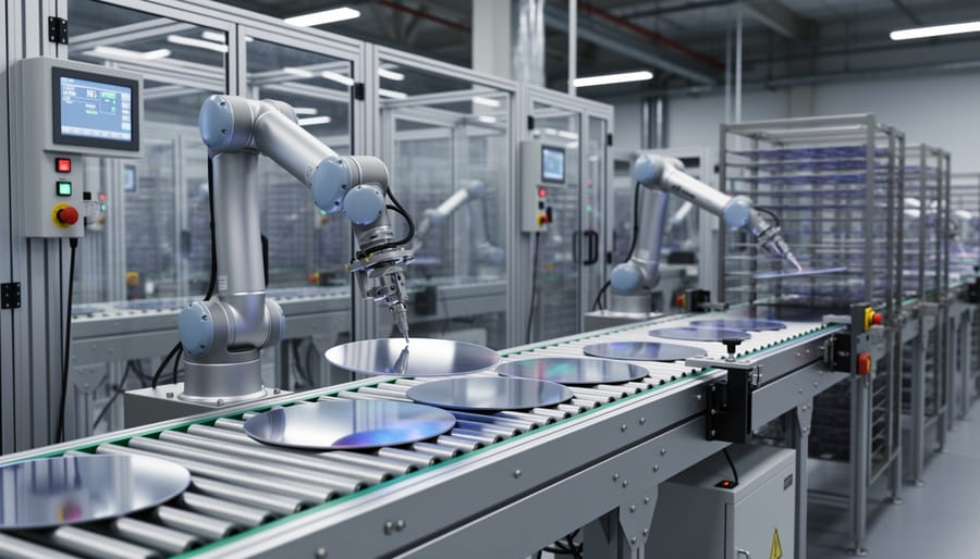 Robotic arms positioning silicon wafers on automated conveyor in modern solar panel manufacturing facility