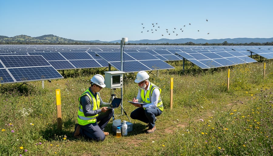 Environmental scientist conducting biodiversity assessment at solar installation