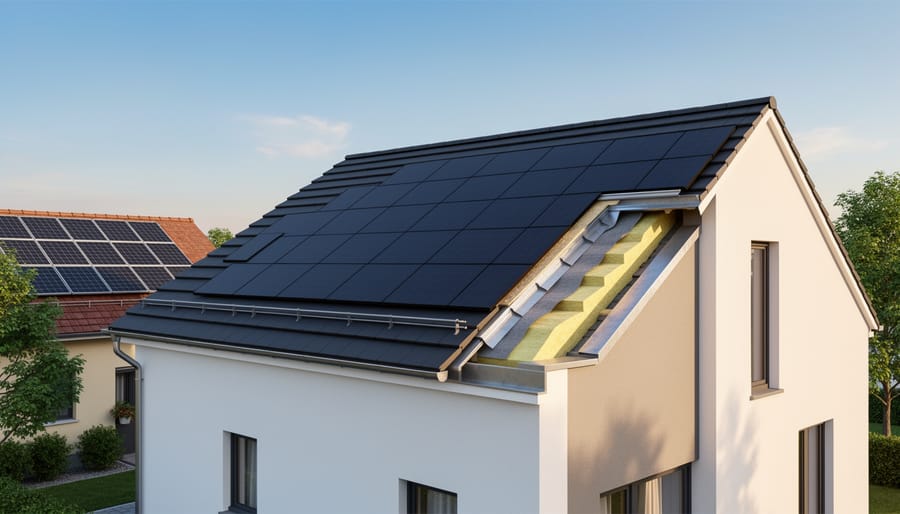 Close-up of building-integrated solar shingles installed on residential roof showing seamless integration with roofing material