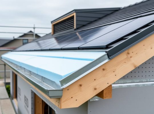 Close-up view of building-integrated photovoltaic shingles meeting rigid foam continuous insulation at a residential roof eave, with sealed roof deck and blurred scaffolding in the background under soft daylight.