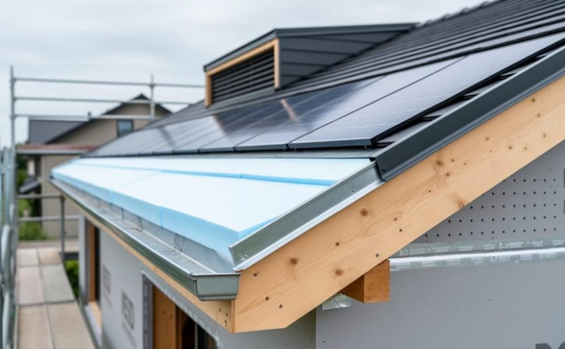 Close-up view of building-integrated photovoltaic shingles meeting rigid foam continuous insulation at a residential roof eave, with sealed roof deck and blurred scaffolding in the background under soft daylight.