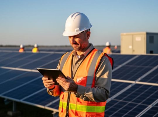 Solar O&M manager in hard hat and safety vest inspecting rows of photovoltaic panels with a tablet at sunset, with additional technicians and an inverter enclosure softly blurred in the background, conveying professional leadership and quality management.