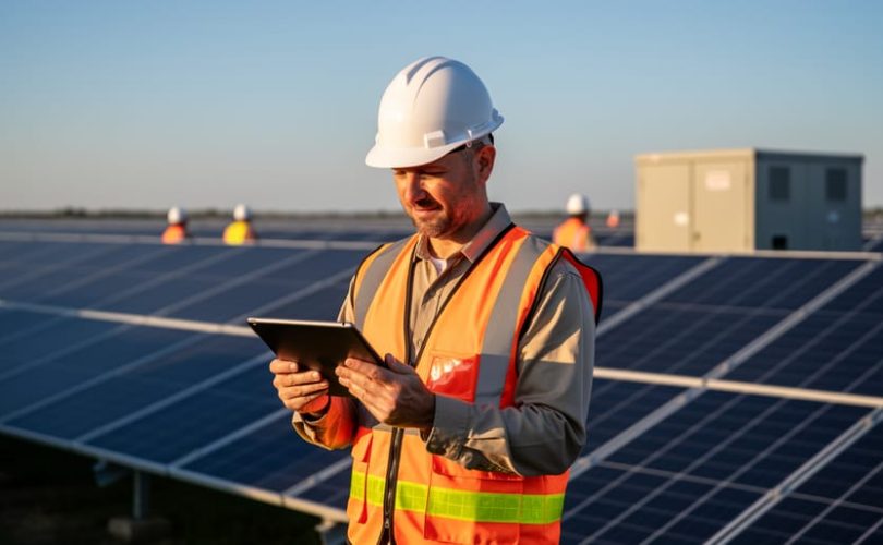 Solar O&M manager in hard hat and safety vest inspecting rows of photovoltaic panels with a tablet at sunset, with additional technicians and an inverter enclosure softly blurred in the background, conveying professional leadership and quality management.