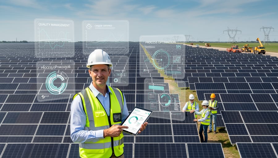 Quality manager with tablet inspecting utility-scale solar panel installation