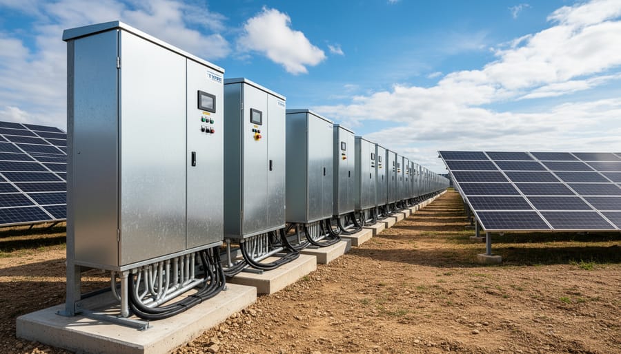 Large-scale solar farm installation with inverter stations and photovoltaic panel arrays