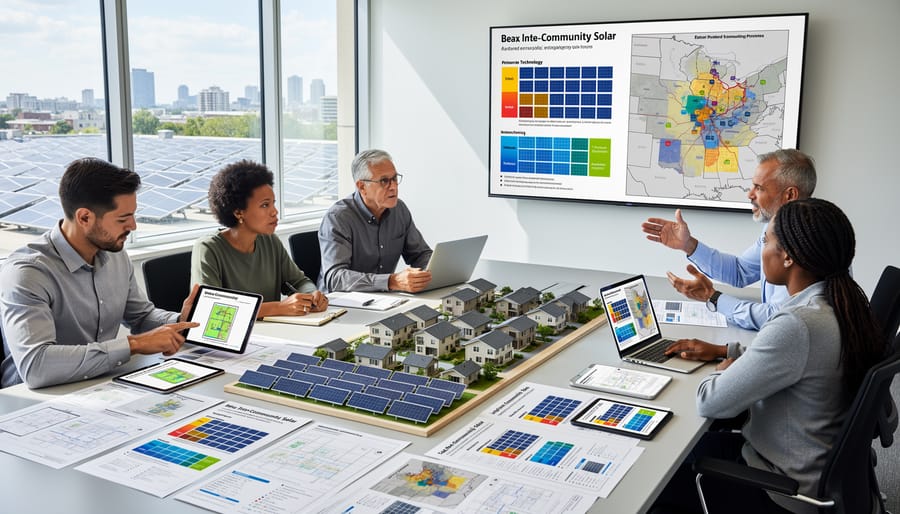 Community officials and solar professionals examining solar panel technology together