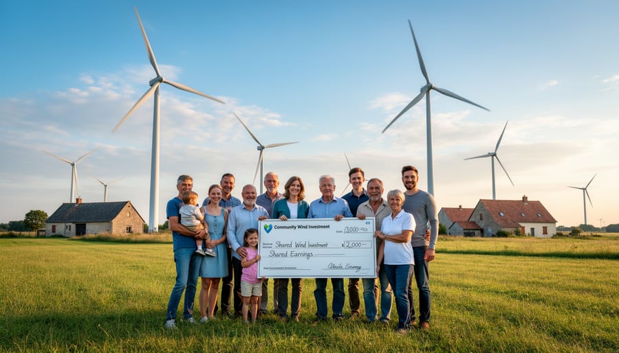 Community members gathered near locally-owned wind turbine in rural landscape