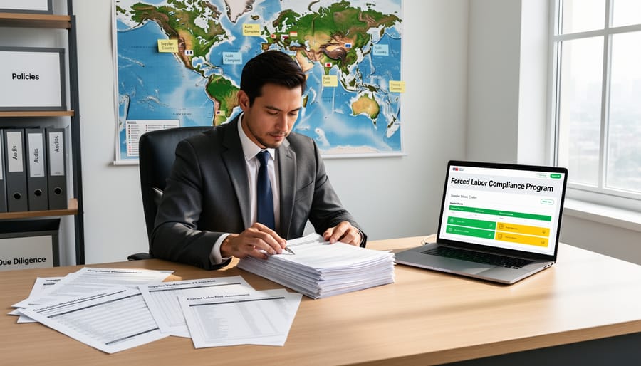 Business professional reviewing supply chain compliance documentation at desk