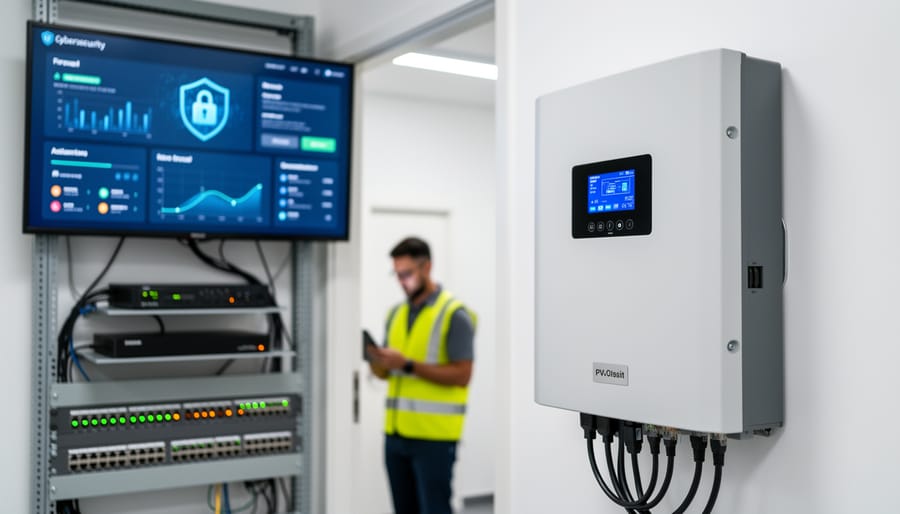 Solar inverter unit mounted on wall showing network cables and communication ports