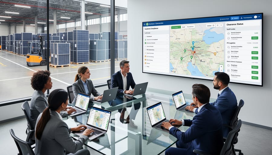 Logistics professional managing solar panel customs compliance documentation at desk