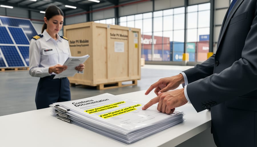 Customs official reviewing solar panel certification documents and paperwork