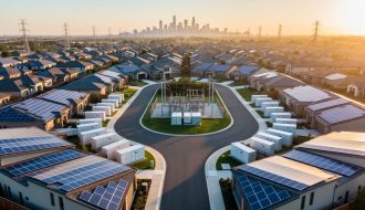 Aerial oblique view of a solar-equipped neighborhood connected to a nearby utility substation with containerized battery storage at golden hour, with transmission lines and a distant city skyline in the background.