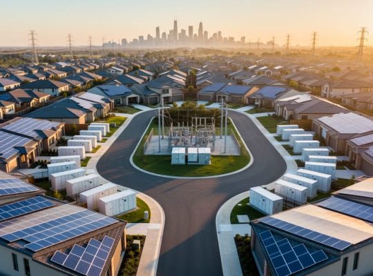 Aerial oblique view of a solar-equipped neighborhood connected to a nearby utility substation with containerized battery storage at golden hour, with transmission lines and a distant city skyline in the background.