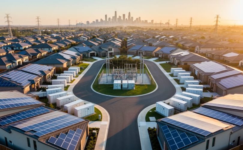 Aerial oblique view of a solar-equipped neighborhood connected to a nearby utility substation with containerized battery storage at golden hour, with transmission lines and a distant city skyline in the background.