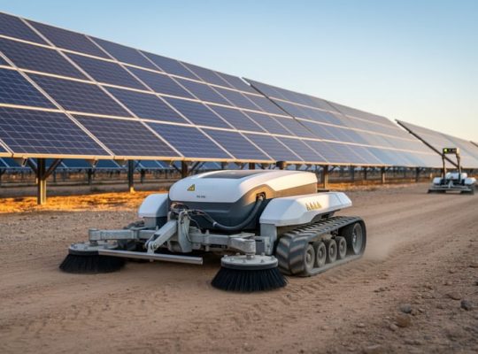Low-angle wide shot of an autonomous robotic cleaner moving along desert solar panel rows at golden hour, with distant arrays and a second robot in the background.