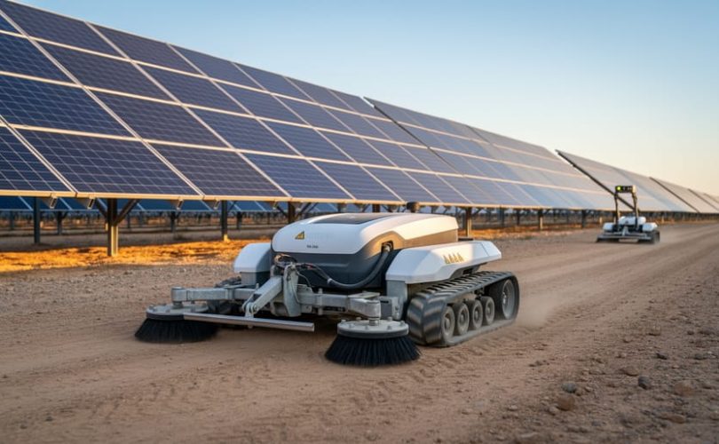 Low-angle wide shot of an autonomous robotic cleaner moving along desert solar panel rows at golden hour, with distant arrays and a second robot in the background.