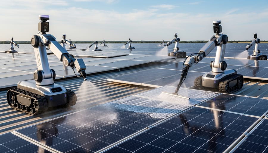 Dynamic robotic device performing maintenance on solar panel surface