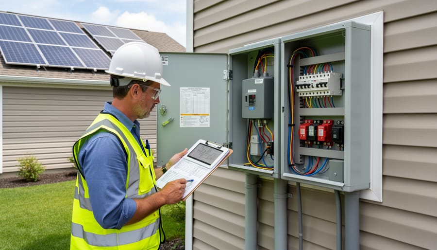 Electrical inspector examining main service panel during solar installation inspection
