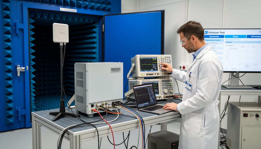 Laboratory technician testing solar equipment in electromagnetic compatibility chamber