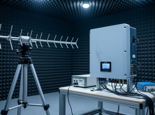 Solar inverter inside a semi-anechoic chamber with a log-periodic antenna on a tripod aimed at it, soft studio lighting, foam absorber panels blurred in the background, no visible text or logos