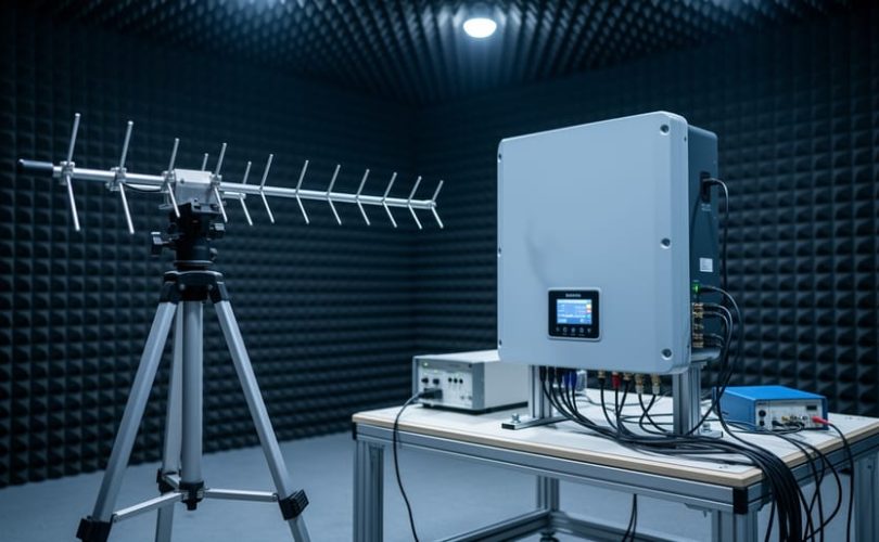 Solar inverter inside a semi-anechoic chamber with a log-periodic antenna on a tripod aimed at it, soft studio lighting, foam absorber panels blurred in the background, no visible text or logos
