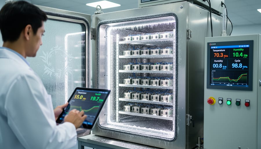 Laboratory technician examining solar module during environmental stress testing with visible frost
