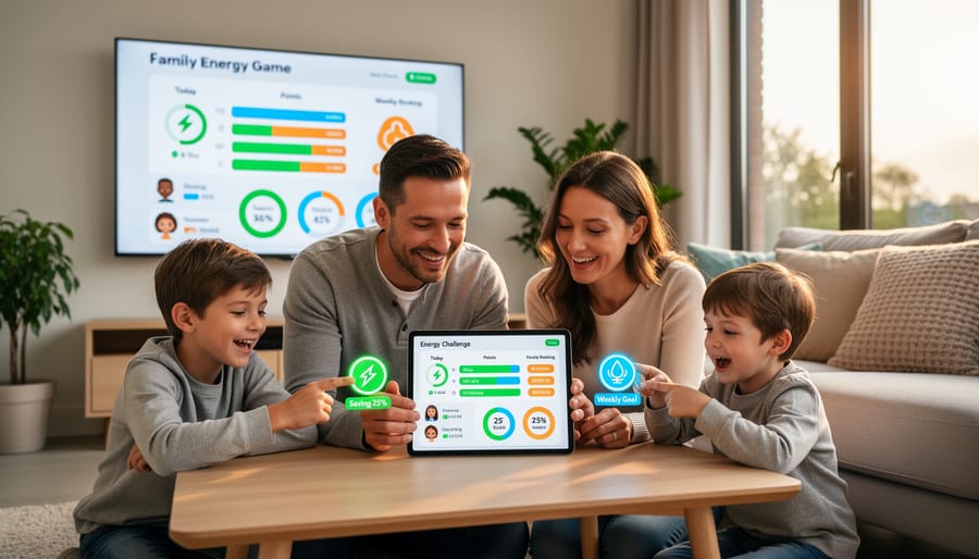 Family celebrating energy savings achievement while using tablet for gamified monitoring
