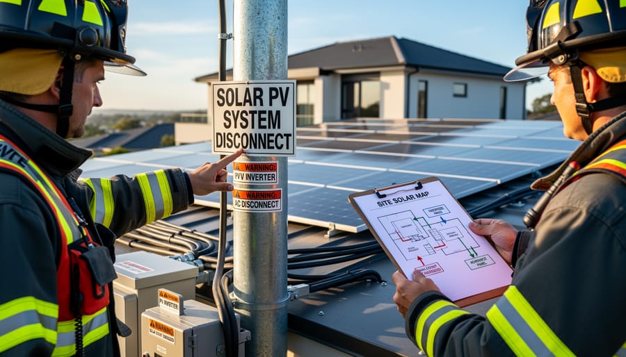 Firefighter in protective gear standing near residential home with rooftop solar panel system